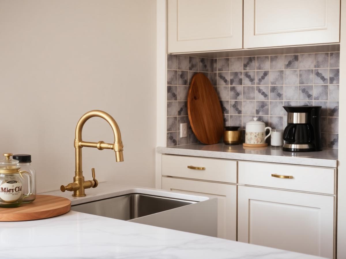 Marble kitchen with brass fixtures in a short-let apartment